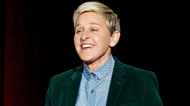 Ellen DeGeneres green blazer blue pattern shirt