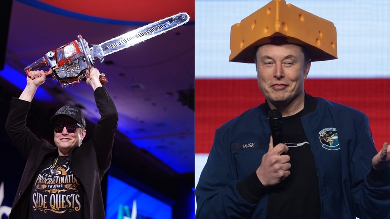Side-by-side photos of Elon Musk waving a chainsaw and him wearing a cheesehead hat