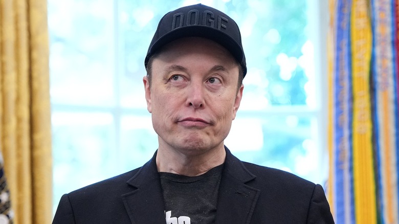 Elon Musk listens as Donald Trump speaks in the Oval Office of the White House (2025)