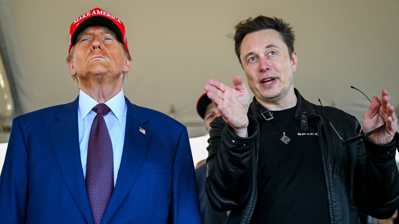Donald Trump stands next to Elon Musk looking unimpressed by what he's saying