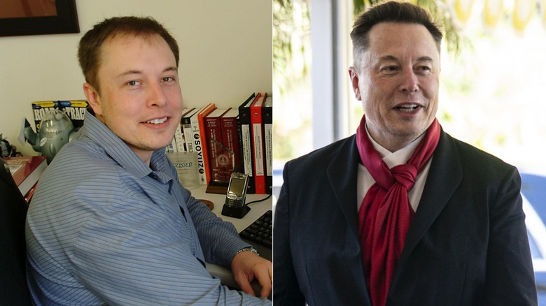 Two pictures of Elon Musk showing the differences in his hair over the years.