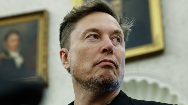 Elon Musk listens to reporters in the Oval Office of the White House (2025)