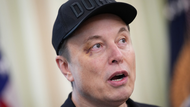 Elon Musk speaking in the Oval Office with a black eye