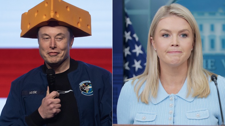 Side-by-side comparison of Elon Musk and White House press secretary Karoline Leavitt