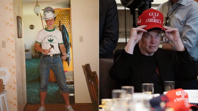 Elon Musk wearing two hats as a teenager & Elon Musk wearing two hats at a cabinet meeting