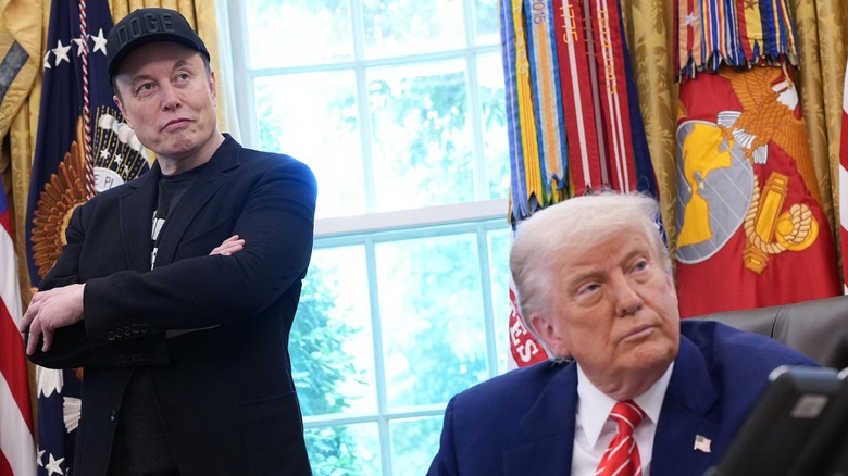 Elon Musk and Donald Trump listen to a question in the Oval Office (2025)