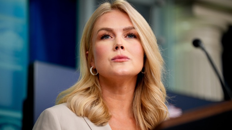 Karoline Leavitt takes a question during a daily press briefing in the White House (2025)