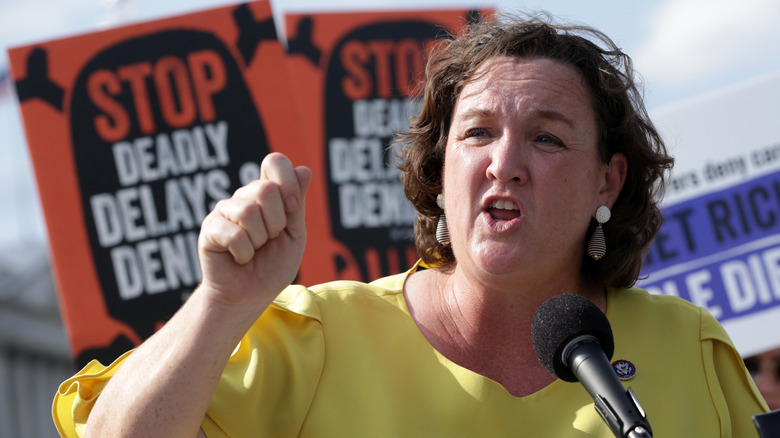 Katie Porter standing in front of protestors, talking into a microphone