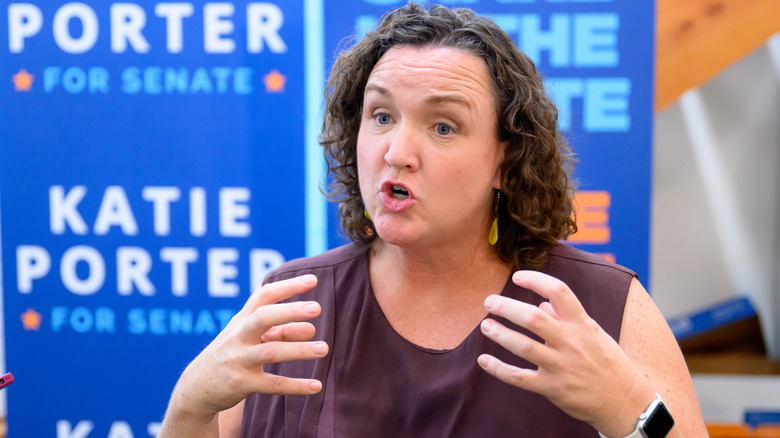 Katie Porter speaking and gesturing with her hands