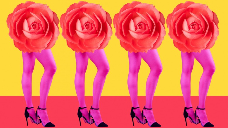 Four roses and four pairs of legs in pink tights