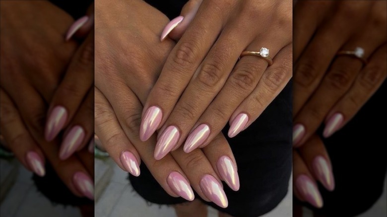 solid pink metallic chrome nails