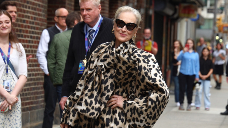 Meryl Streep is seen arriving at the 'Late Show with Stephen Colbert' on April 1, 2026 in New York, New York.