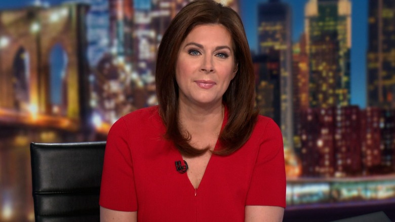 Erin Burnett sitting in front of city backdrop