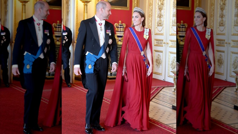 Prince William and Kate Middleton arriving at the state banquet for Emmanuel Macron in 2025