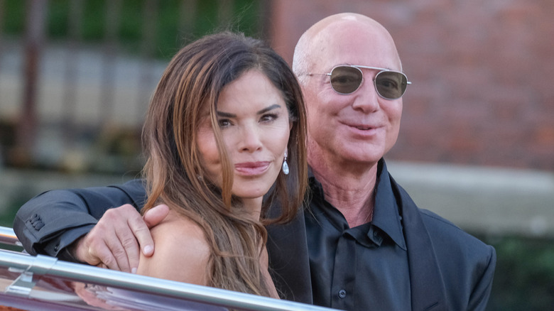 Lauren Sanchez and Jeff Bezos riding in a water taxi in Venice