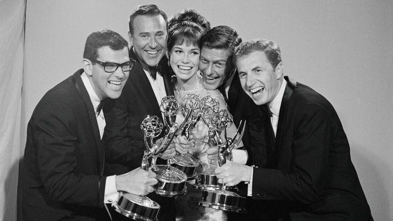 Carl Reiner, Mary Tyler Moore, and Dick Van Dyke posing with their Emmys