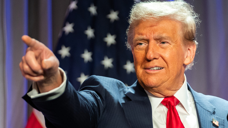 Donald Trump pointing at something or someone in a crowd