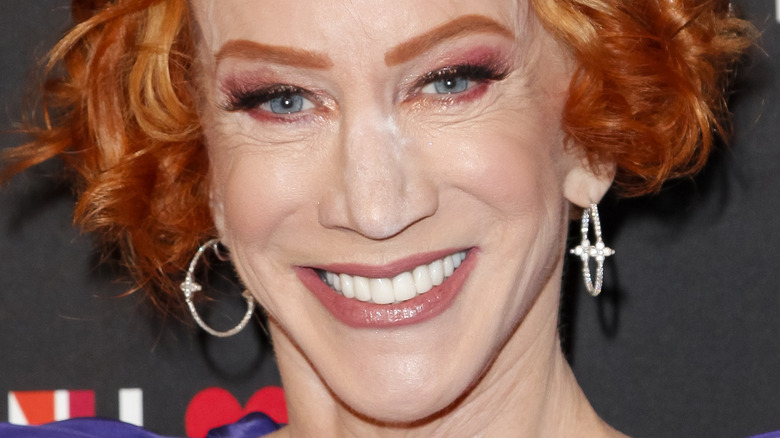 close up of Kathy Griffin wearing purple dress