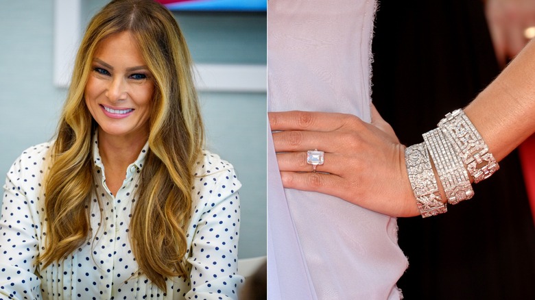 Melania Trump (left) was given a 25-carat engagement ring (seen in closeup, right).