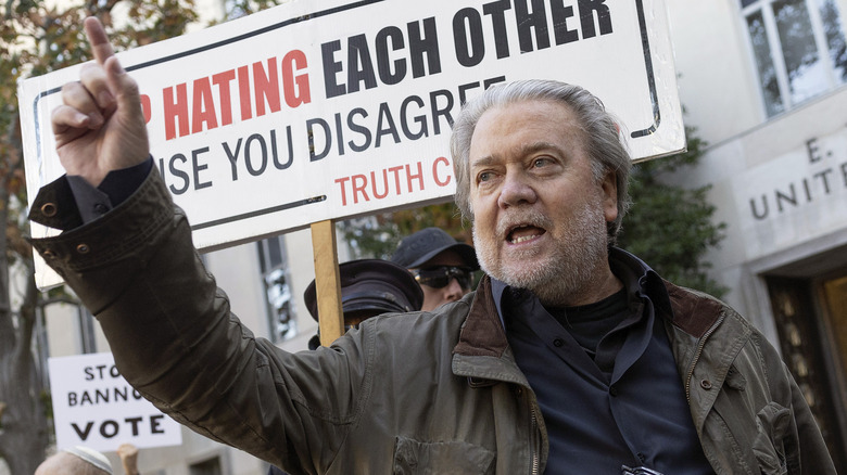 Steve Bannon speaking with finger pointing in the air