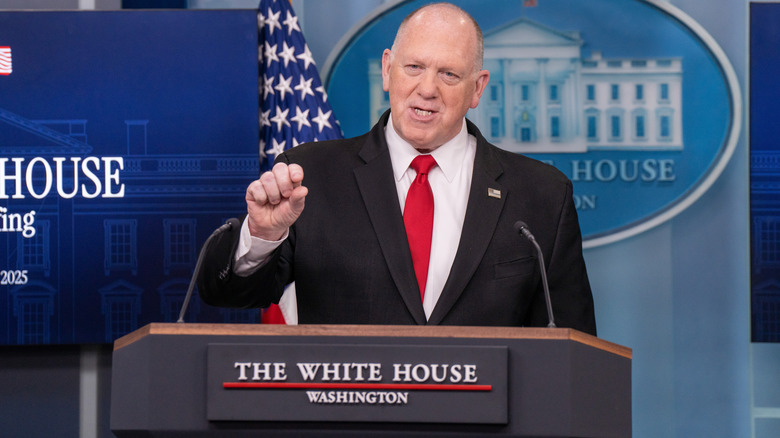 Tom Homan delivering a speech in the White House press briefing room