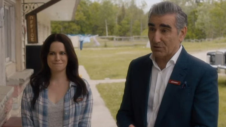 Emily Hampshire (Stevie Budd) and Eugene Levy (Johnny Rose) on the set of 'Schitt's Creek' 