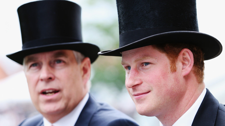 Prince Andrew and Prince Harry looking jaunty in top hats