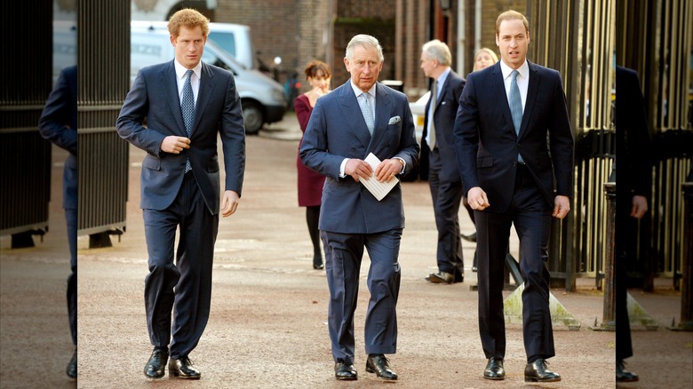 Prince Harry, King Charles, and Prince William walking together in 2014