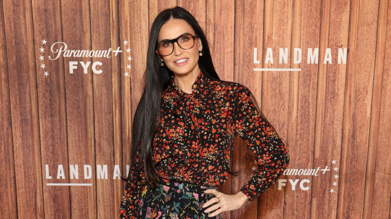 Demi Moore in a full floral outfit and sunglasses at the Paramount + premiere for Landmine