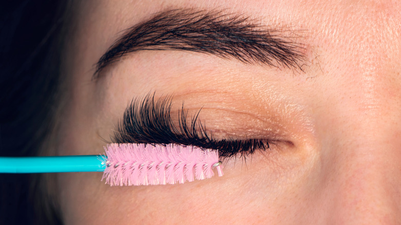 Mascara wand brushing eyelashes