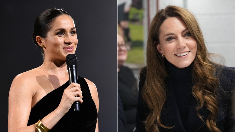 Meghan Markle attending The Fashion Awards 2018/Kate Middleton photographed visiting injured rugby players with husband Prince William in March 2025