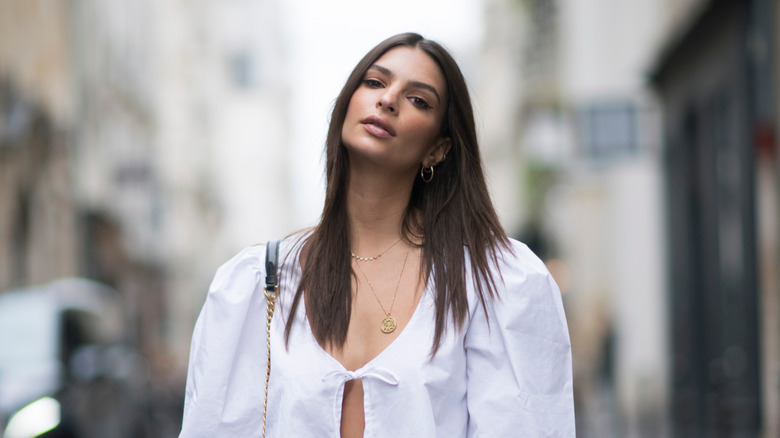 Emily Ratajkowski in white balloon sleeve top