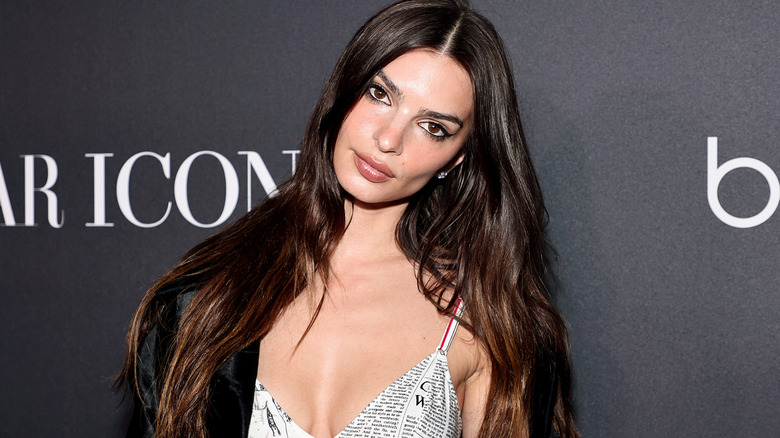 Emily Ratajkowski newspaper print outfit