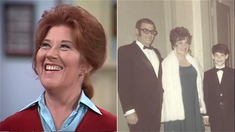 Split photo of Charlotte Rae smiling on "The Facts of Life" vs. Charlotte Rae with her ex-husband and son