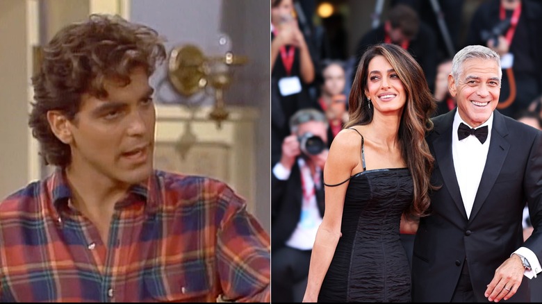 Split photo of George Clooney on "The Facts of Life" vs. Amal Clooney and George Clooney smiling on a red carpet
