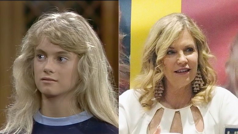 Split photo of Julie Anne Haddock on "The Facts of Life" and sitting at a table in 2024