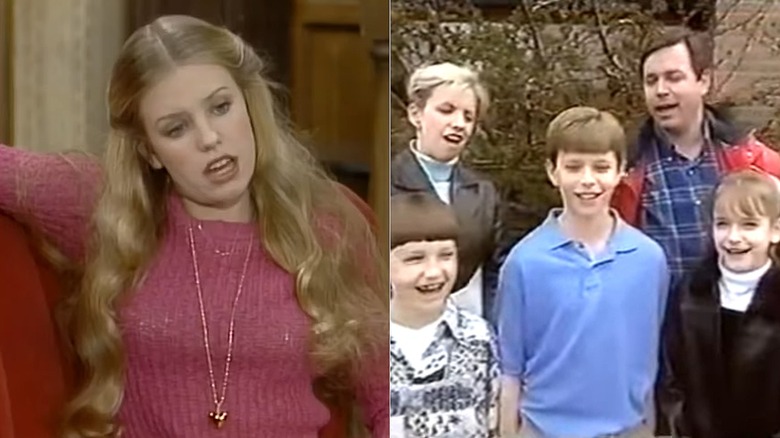 Split photo of Julie Piekarski on "The Facts of Life" vs. Julie Piekarski standing with her ex-husband and kids