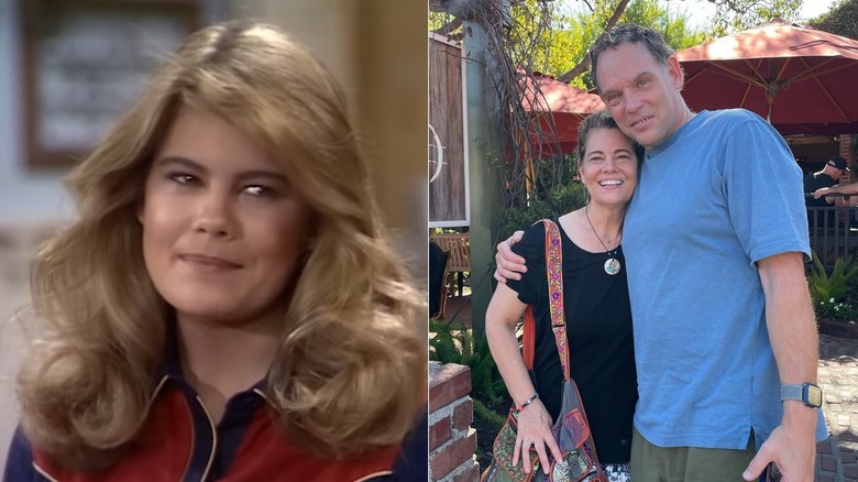 Split photo of Lisa Whelchel on "The Facts of Life" vs. Lisa Whelchel smiling with her husband in 2022