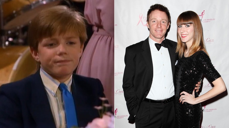 Split photo of oung Mackenzie Astin on "The Facts of Life" vs. Mackenzie Astin and Jennifer Abbott Astin smiling