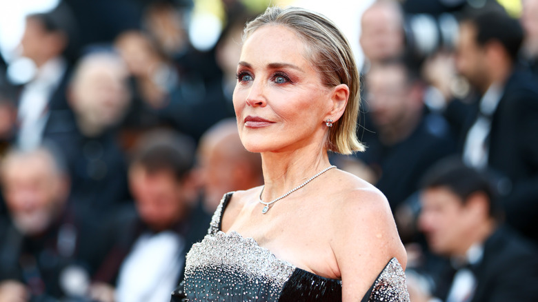 Sharon Stone with slicked back short hair posing at the 2026 Cannes Film Festival