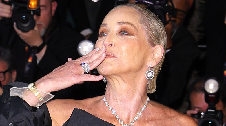 Sharon Stone blowing a kiss at the 2026 Cannes Film Festival