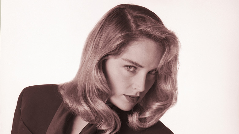Promotional sepia and white image of Sharon Stone looking directly at the camera