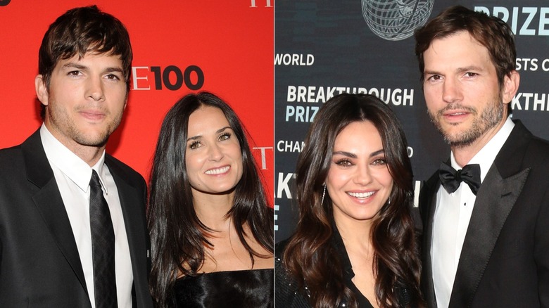 A split image of Ashton Kutcher with both Demi Moore and Mila Kunis