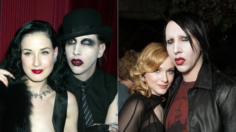 A split image of Marilyn Manson with both Dita Von Teese and Evan Rachel Wood