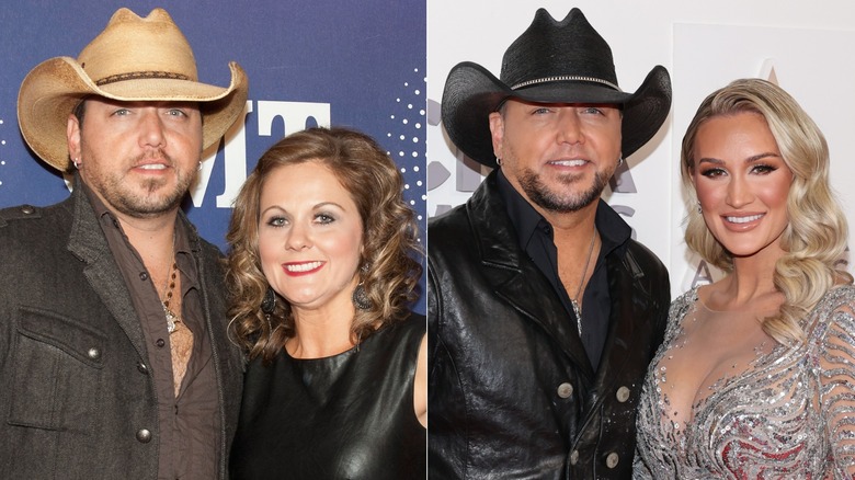 A split image of Jason Aldean with both Jessica Ussery and Brittany Aldean