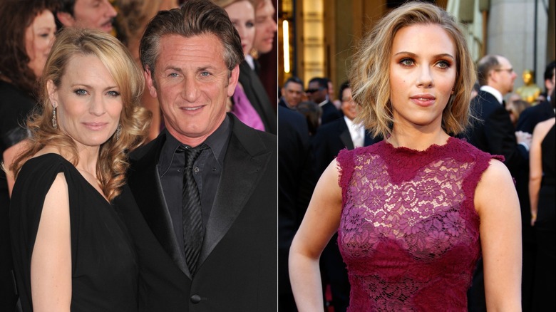 A split image of Sean Penn with Robin Wright, and Scarlett Johansson