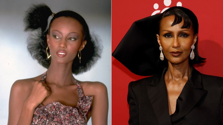 A split image of Iman in 1977 and in 2026