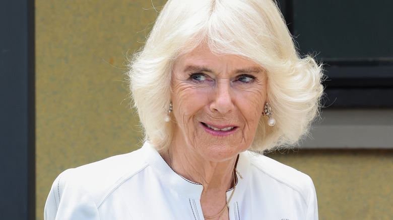 Queen Camilla smiling, looking to the right