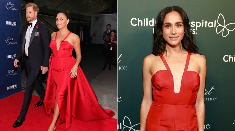 Split photo of Meghan Markle wearing the same red dress at the 2021 Salute To Freedom Gala with Prince Harry and at the CHLA Gala.