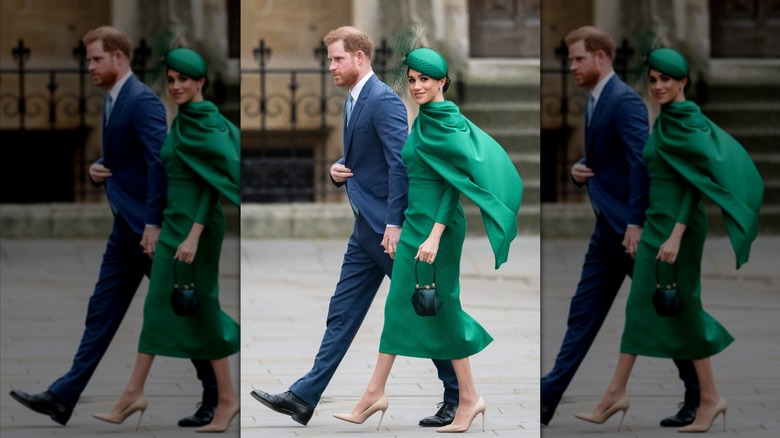 Meghan Markle wearing a green dress and hat next to Prince Harry at the 2020 Commonwealth Day.